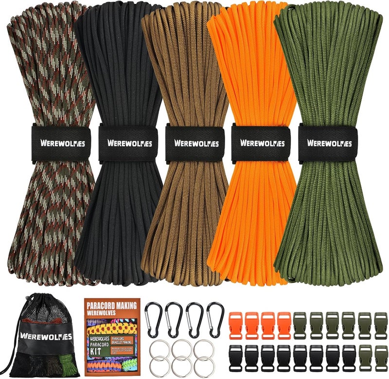 WEREWOLVES 550 Paracord Kits 100ft Each Color - 5 Colors Parachute Cord Combo 7 Strand Type III Parachute Cord 4mm for Crafting, Dog Collar, Survival Bracelets - Image 1